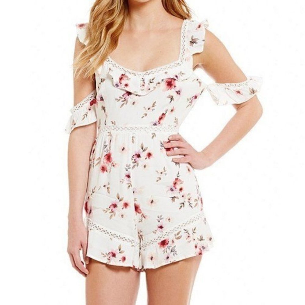 NWT Foxiedox Floral Ruffle Cold Shoulder Romper L